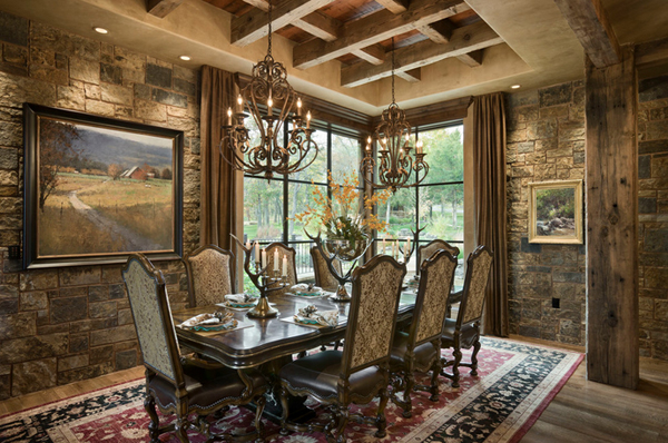 dining room with stone accents