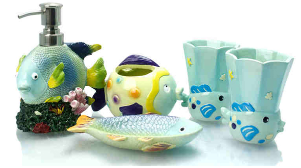 5pcs Cartoon Ocean Style Fish Resin Bathroom Bath Accessories Set For Child Kids 