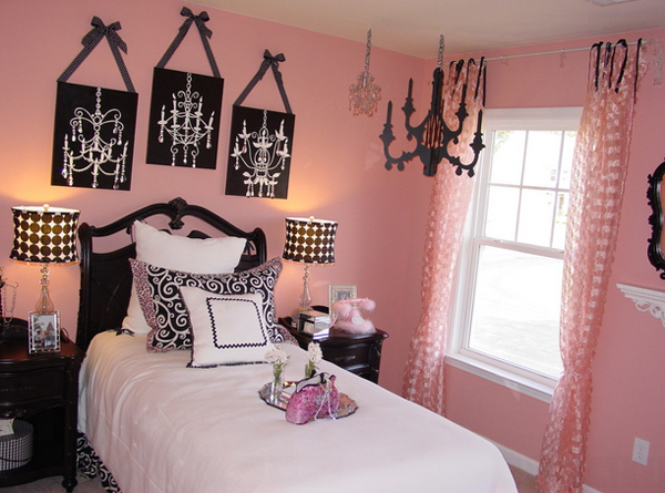 black white and light pink bedroom