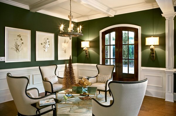 traditional white and green rooms