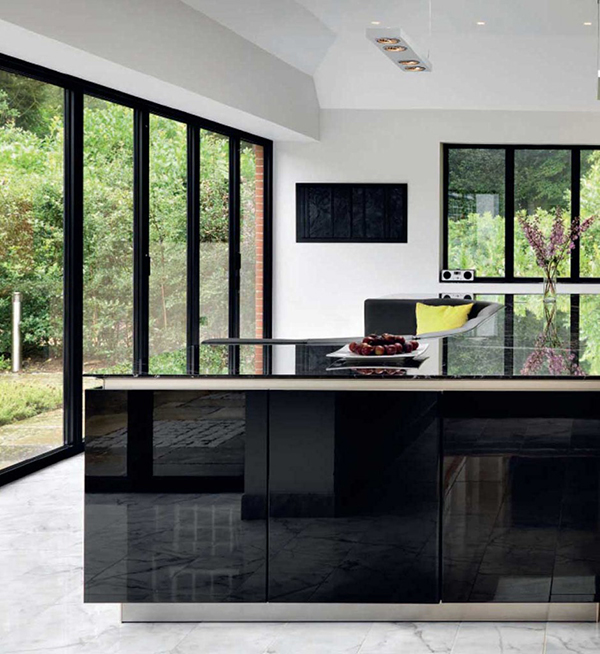 A High-Gloss Stylish Kitchen Island with Built-in Sofa | Home Design Lover