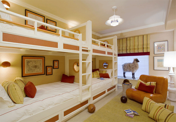 cream and orange bunk bedroom