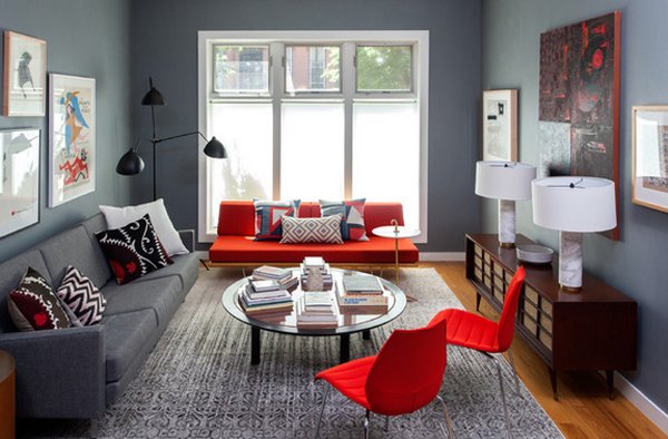 living room design red sofa