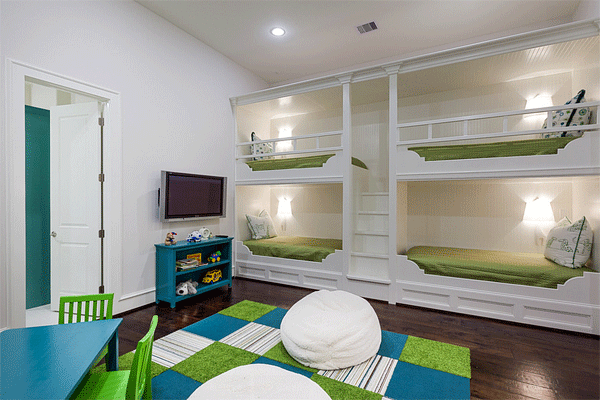 green blue white four beds kids bedroom