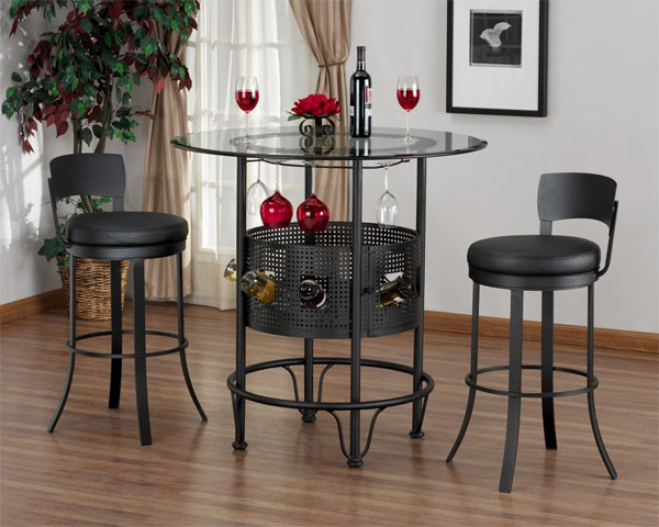 pub table set with wine rack