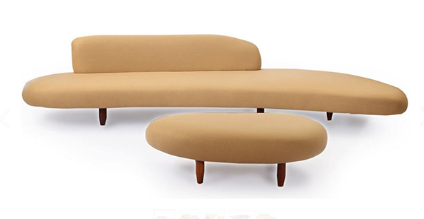 Kidney Bean Mid-century Modern Sofa & Ottoman, Latte Cashmere Wool/ Walnut Legs