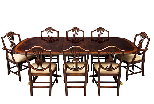 High Quality Flamed Mahogany Duncan Phyfe High Gloss Dining Table and Chairs Set