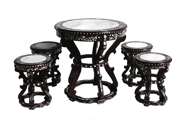 Rosewood Mother Pearl Inlay Marble  Round Table Set