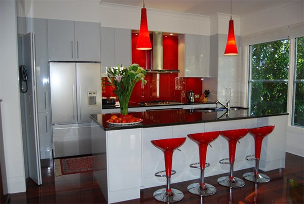 red and black and white small kitchen