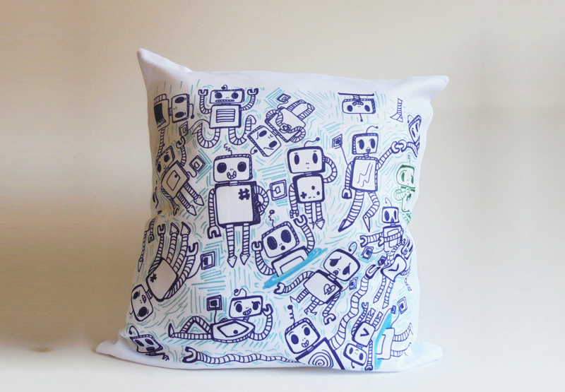 Blue Robots Illustrated Print Decorative Throw Pillow