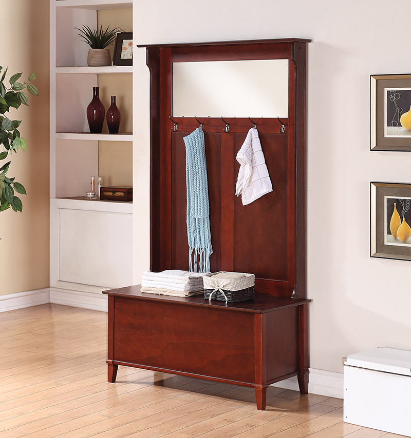 Metro Storage Walnut Finish Hall Bench with Large Mirror