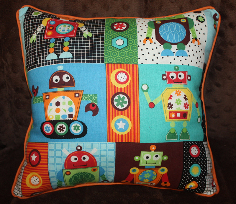 Robot Pillow in Orange, Blue, Brown, Green with Striped Cotton Fabric 