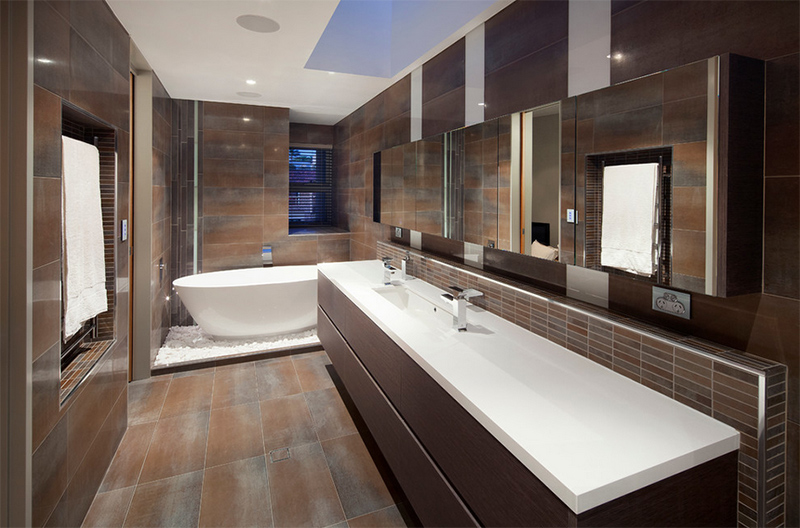 Dark Wood Vanity In Bathroom