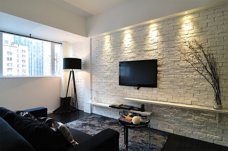 Living Room With White Brick Wallpaper