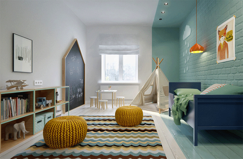 aqua bedroom with teepee