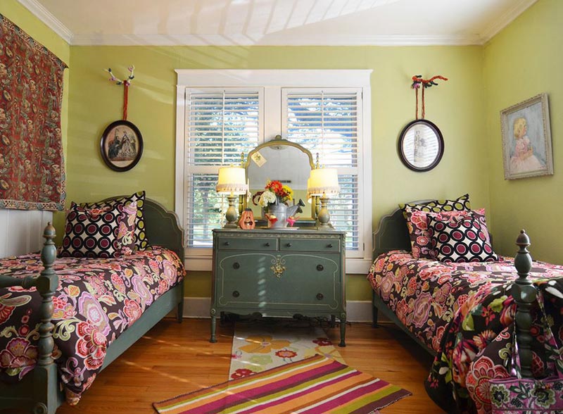 light pink and green bedroom