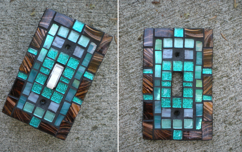 Mosaic Light Switch Cover - Bronze and Teal Stained Glass Switch plate