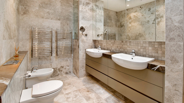 Beige Bathroom With White Vanity