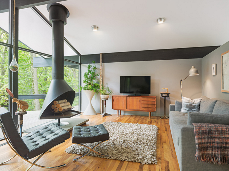 mid century modern living room with fireplace