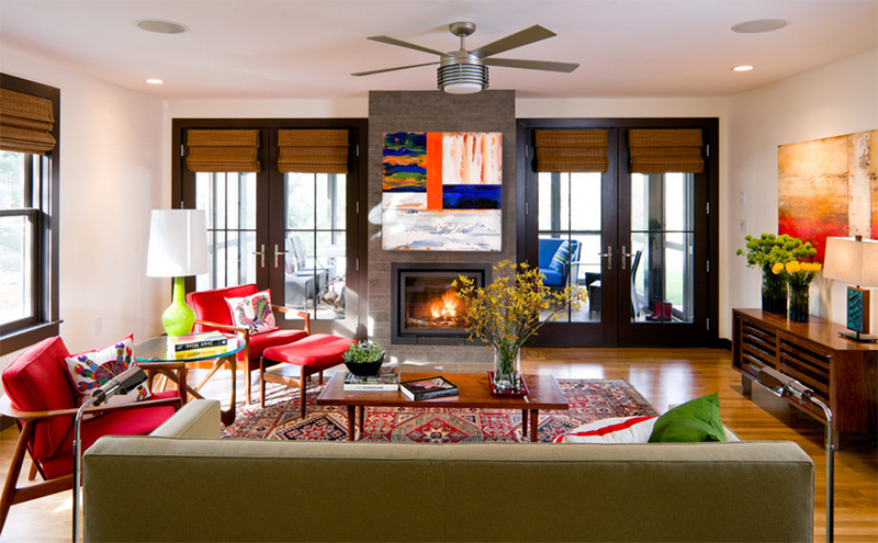 living room with red chairs