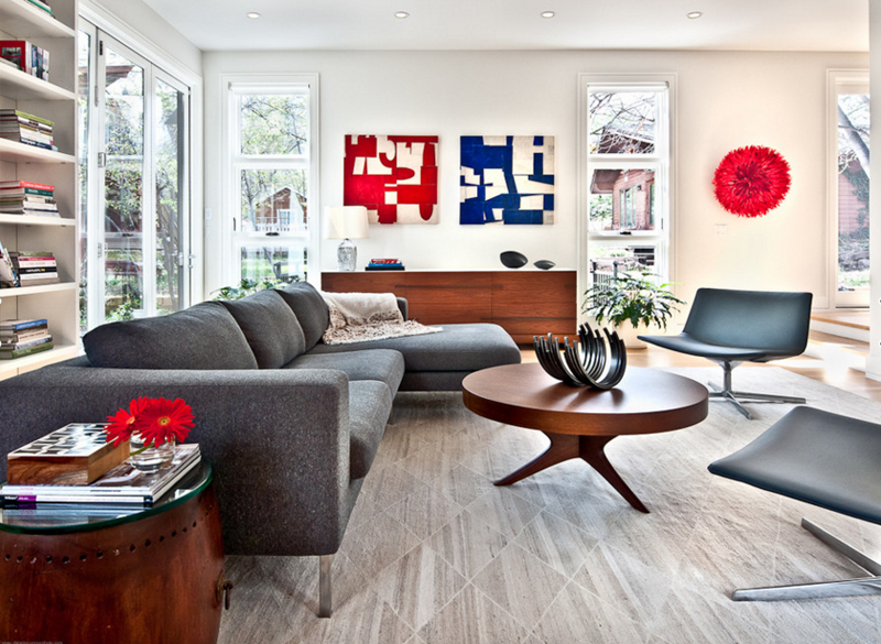 Blue Living Room With Red Accents