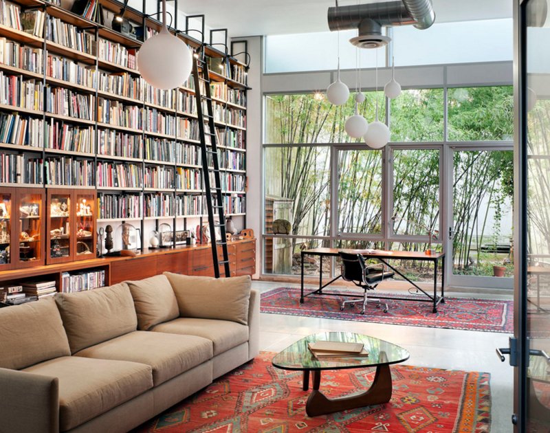 tall bookshelves in living room