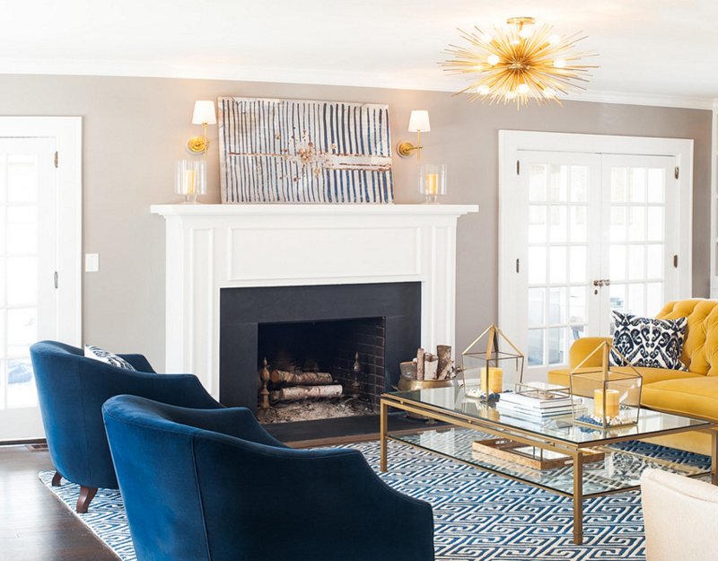 navy gold white living room