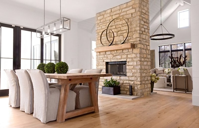 Open Living Room With Brick Fireplace