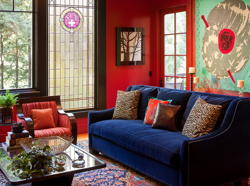 Navy and red living room