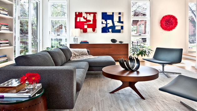 gray blue red living room