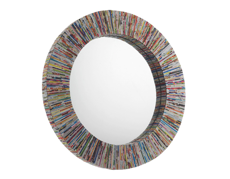 Miroir mural rond en magazine recyclé multicolore