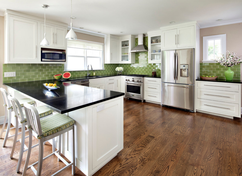 Kitchen renovation with green glazed ceramic tile full-wall backsplash.  Atlanta, Georgia. By HouseLift Design. : r/InteriorDesign