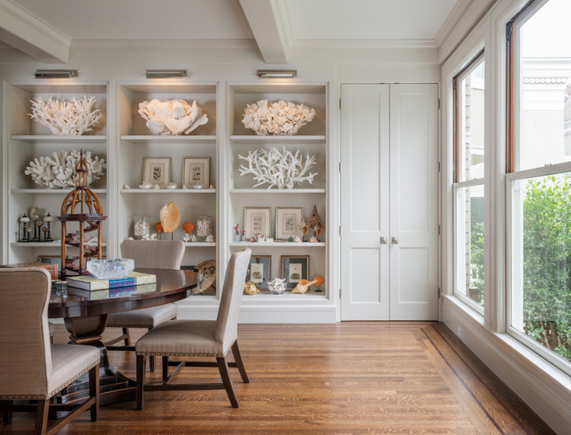 Red Laquar Book Shelves In Dining Room