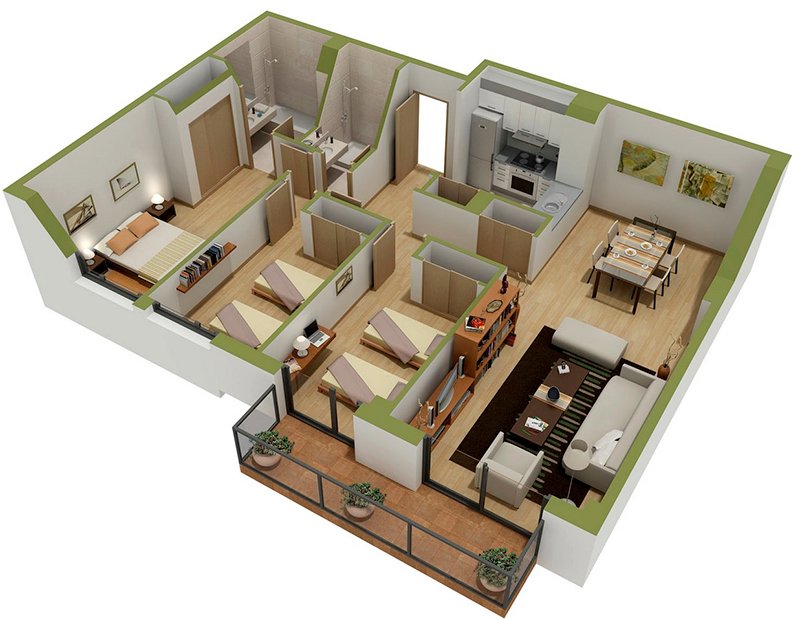 20 Designs Ideas for 3D Apartment or One-Storey Three Bedroom Floor Plans - Home Design Lover