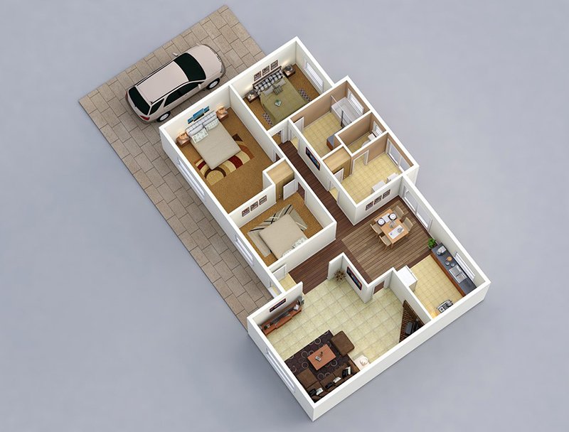 20 Designs Ideas For 3d Apartment Or One Storey Three Bedroom