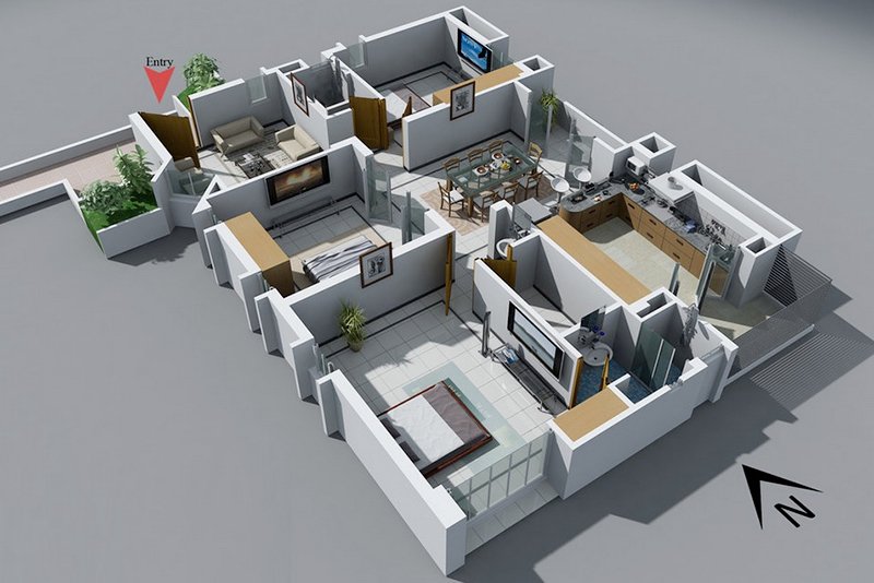 20 Designs Ideas for 3D Apartment or One-Storey Three Bedroom Floor