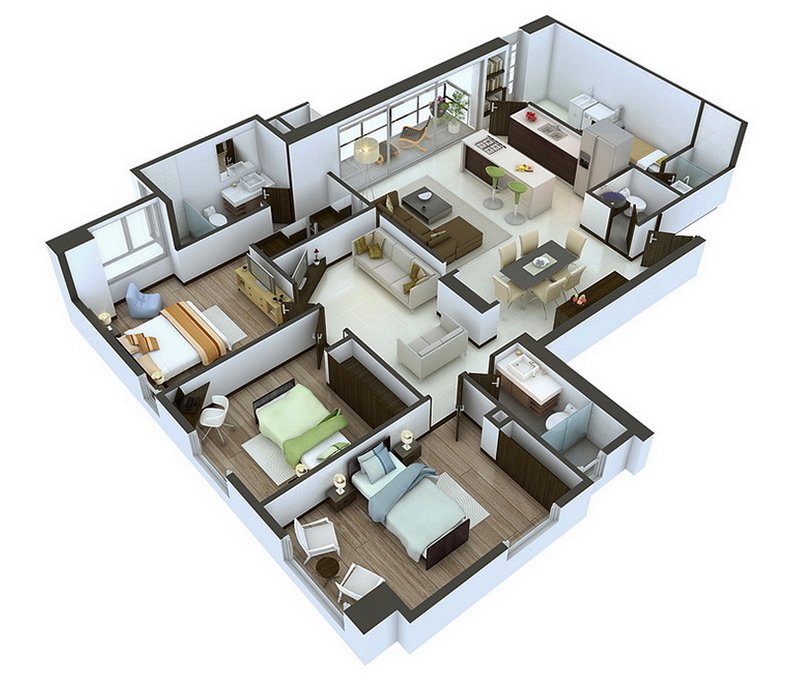 20 Designs Ideas For 3D Apartment Or One Storey Three Bedroom Floor Plans Home Design Lover 20-designs-ideas-for-3d-apartment-or-one-storey-three-bedroom-floor-plans-home-design-lover