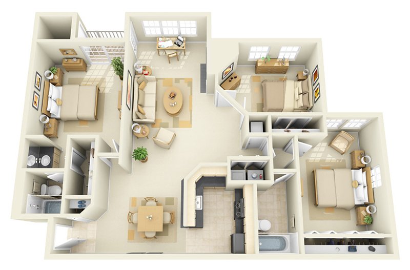 20 Designs Ideas For 3d Apartment Or One Storey Three Bedroom Floor Plans Home Design Lover