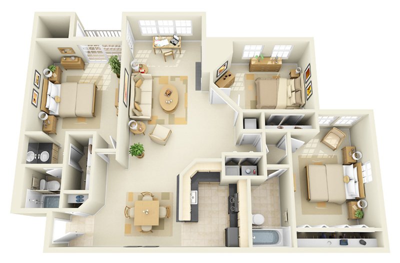 20 Designs Ideas for 3D Apartment or One-Storey Three Bedroom Floor