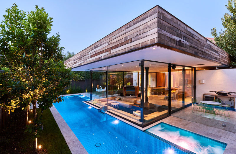 Swimming Pool House Featuring A Sunken Living Room Home Design Lover