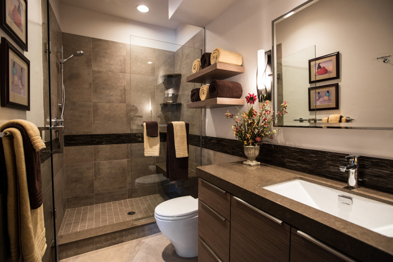 wood shelves in bathroom