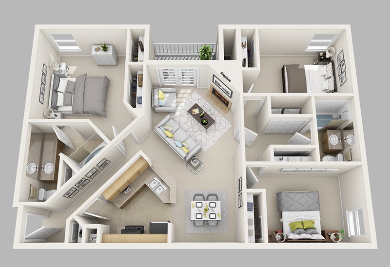 20 designs ideas for 3d apartment or one-storey three bedroom floor