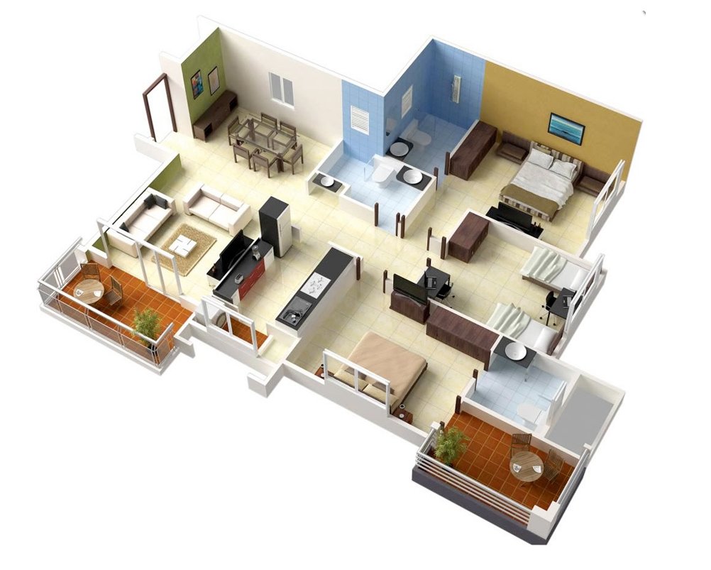 20 Designs Ideas for 3D Apartment or One-Storey Three Bedroom Floor