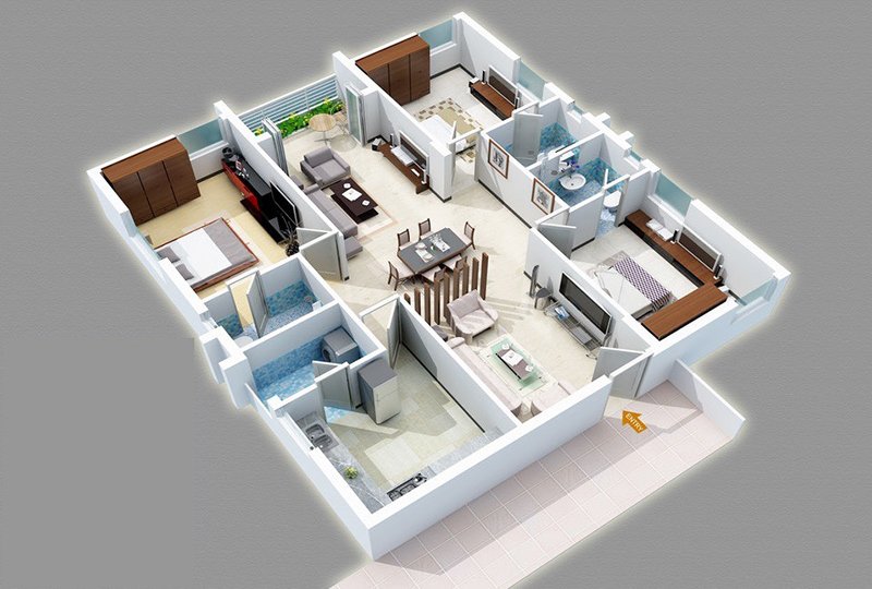 20 Designs Ideas for 3D Apartment or One-Storey Three Bedroom Floor