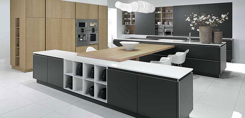 Y-Line Matt Lacquer Stratus Grey and Clayed Oak Veneer Pronorm Kitchen