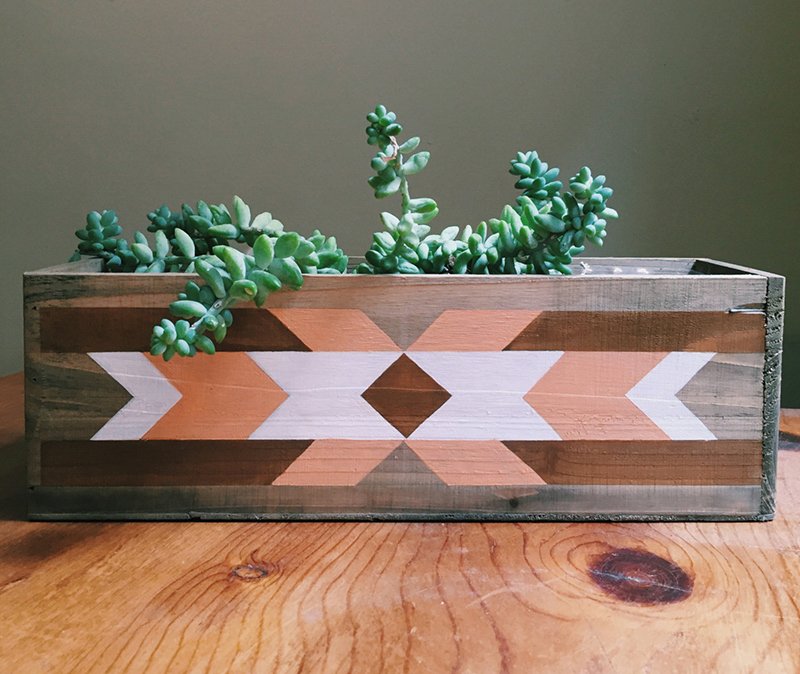 Wooden Planter Box with Geometric Painting