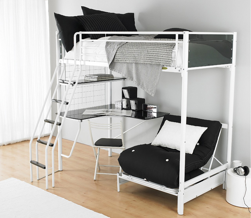 white loft bed with desk underneath