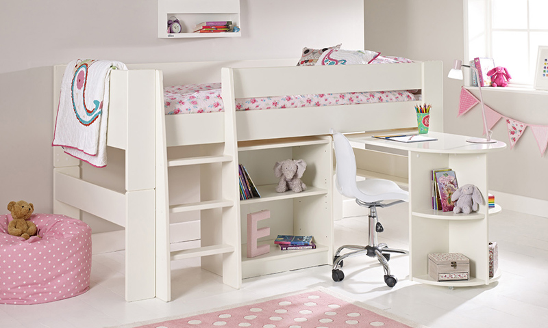 Solitaire White Midsleeper with Pull Out Desk and Bookcase