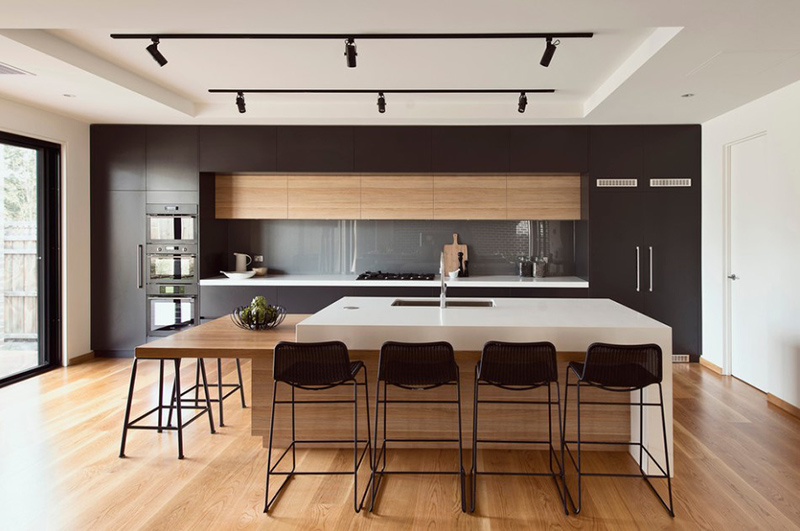 modern white kitchen dark floor