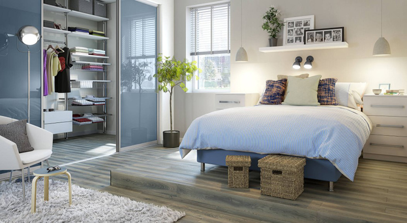 Contemporary Bedroom with Blue Gloss Sliding Doors